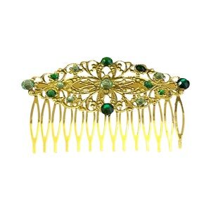 Elegant Gold and Multi Colored Green Crystal Rhinestone Hair Comb 3.0”